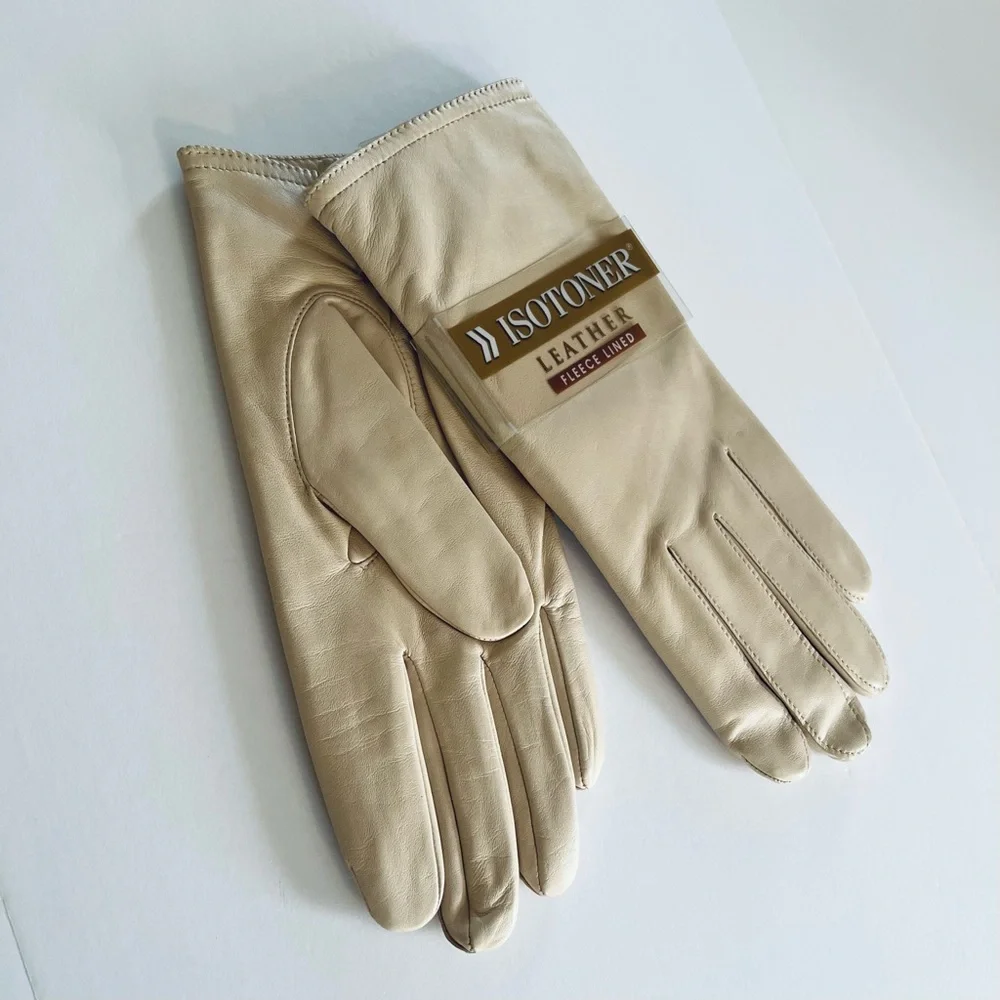 Isotoner Vintage NEW Cream Beige Leather Fleece Lined Gloves Size 8.5-9 Medium